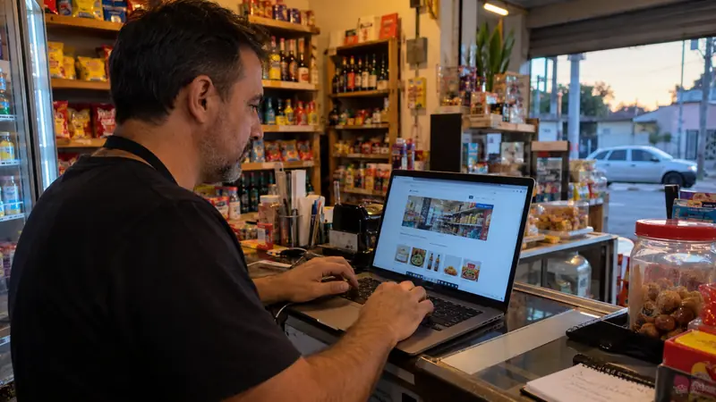 Dono de mercadinho digitando no notebook no balcão, com o site do negócio na tela