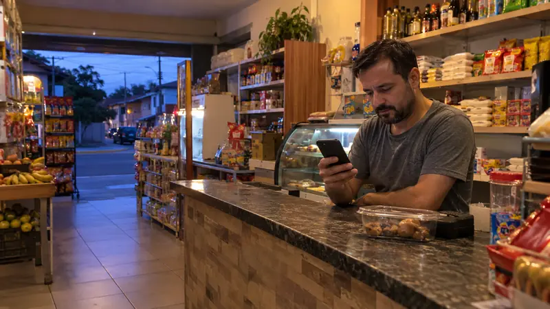 Dono de mercadinho olhando o celular com cara de dúvida, com a loja vazia