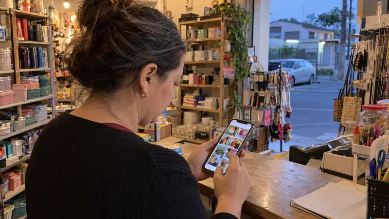 Dona de loja atrás do balcão olhando o perfil da loja no celular
